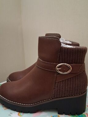 Dream Pairs Brown Ankle Booties with Gold Oval Buckle